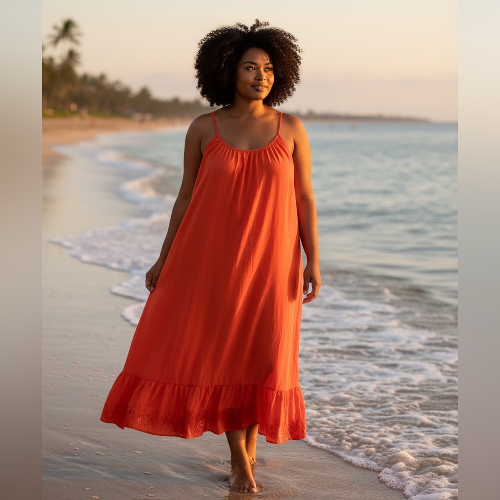 Plus Size 3XL Sundress Flowy Red Orange Sleeveless Dress Nightgown Beach Coverup